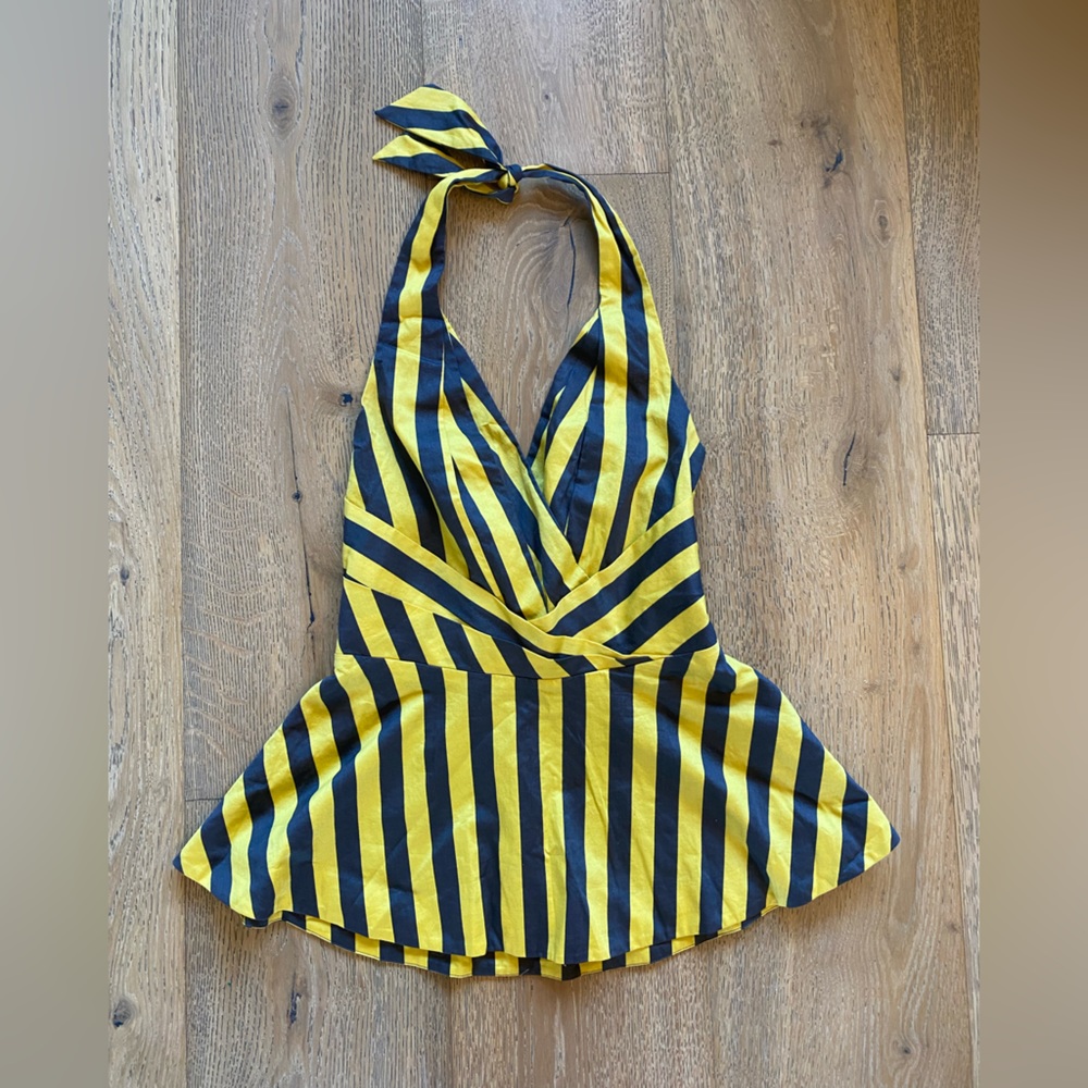Anthropologie Odille Womens Halter Top Yellow Gray Stripe Summer sz 2